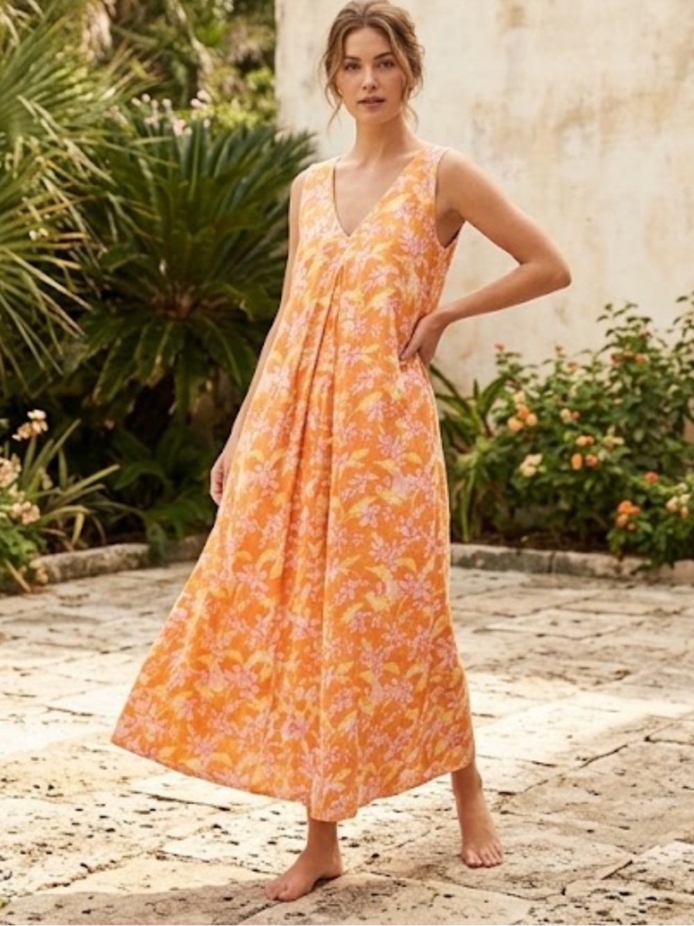Coco Shop Sleeveless Orange Floral V-Neck Midi Dress Size XS